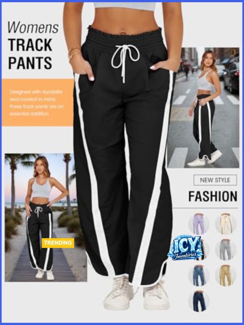 Baggy Wide Leg Track Pants with Drawstring Elastic Waist - Picture 4 of 7